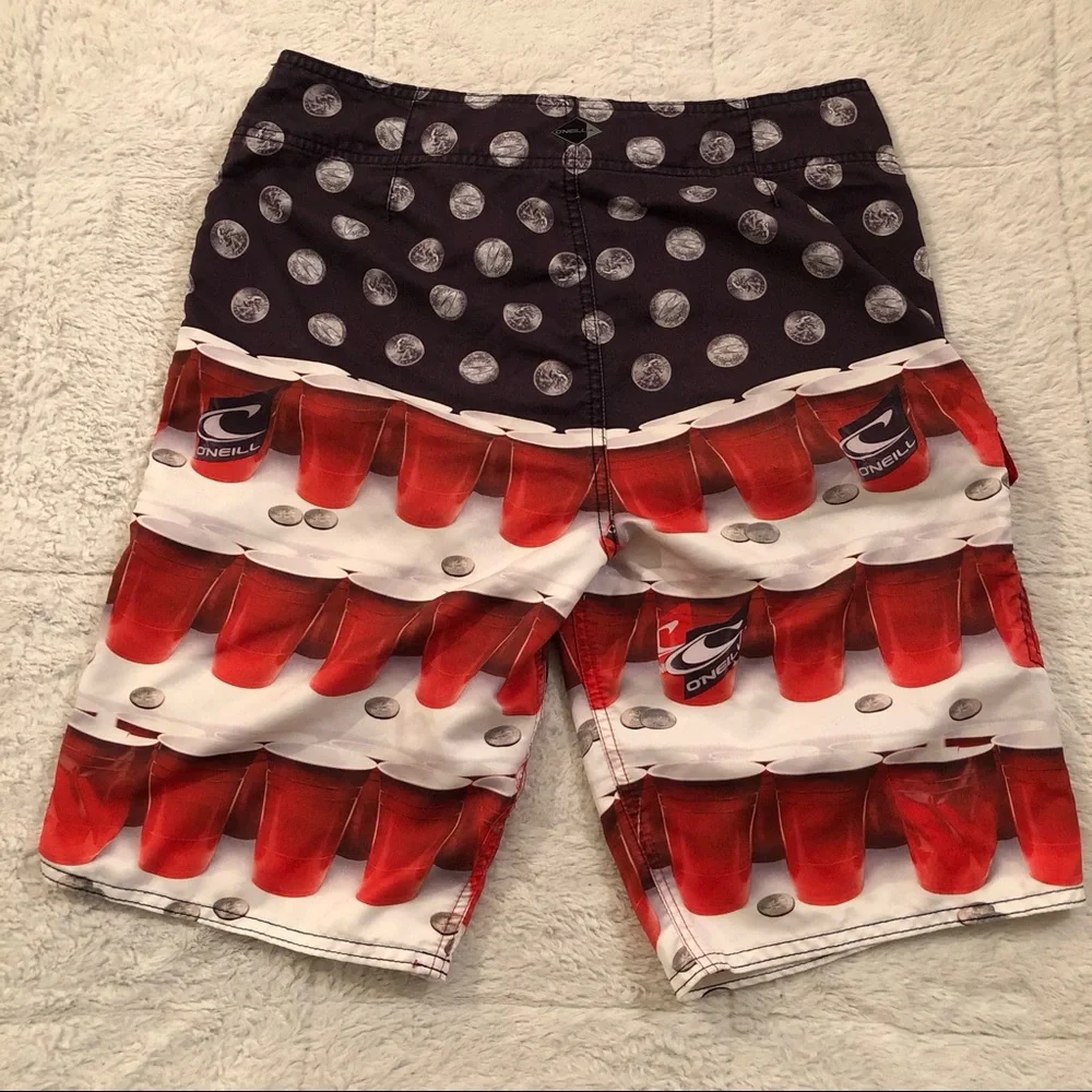 O’Neill Patriotic Flip Cup Red Solo Cup & Quarters Board Shorts SwimWear Mens 30